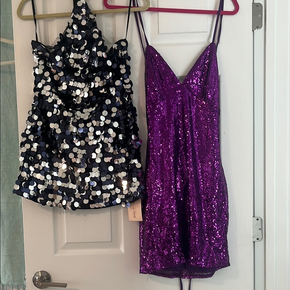 SheinBAE navy/silver sequin halter dress NEW and purple sequin dress.